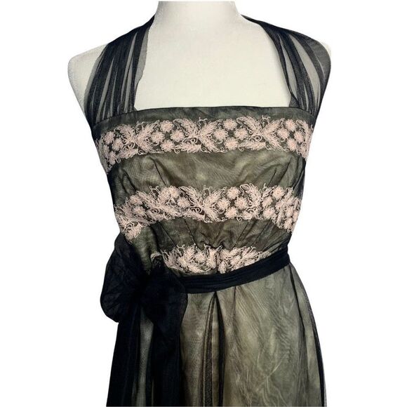 Vintage 90s Laundry Tulle Halter Dress 12 Black Embroidered Lined Tie Waist Zip - Picture 2 of 7